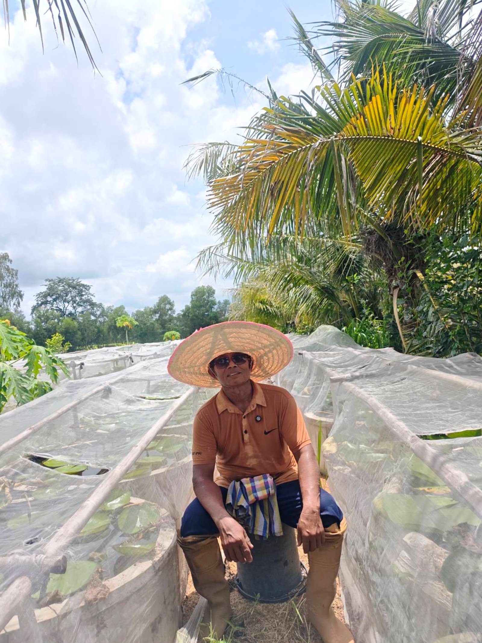 A grower beside the covered cultivation ponds in Amnat Charoen, Thailand