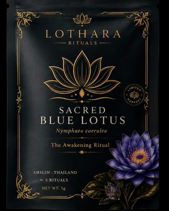 LOTHARA Sacred Blue Lotus packaging — whole dried Nymphaea caerulea flowers