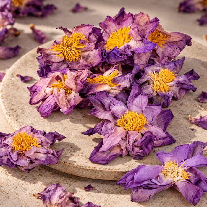 Whole dried pink-purple flowers shown as a Blue Lotus substitute